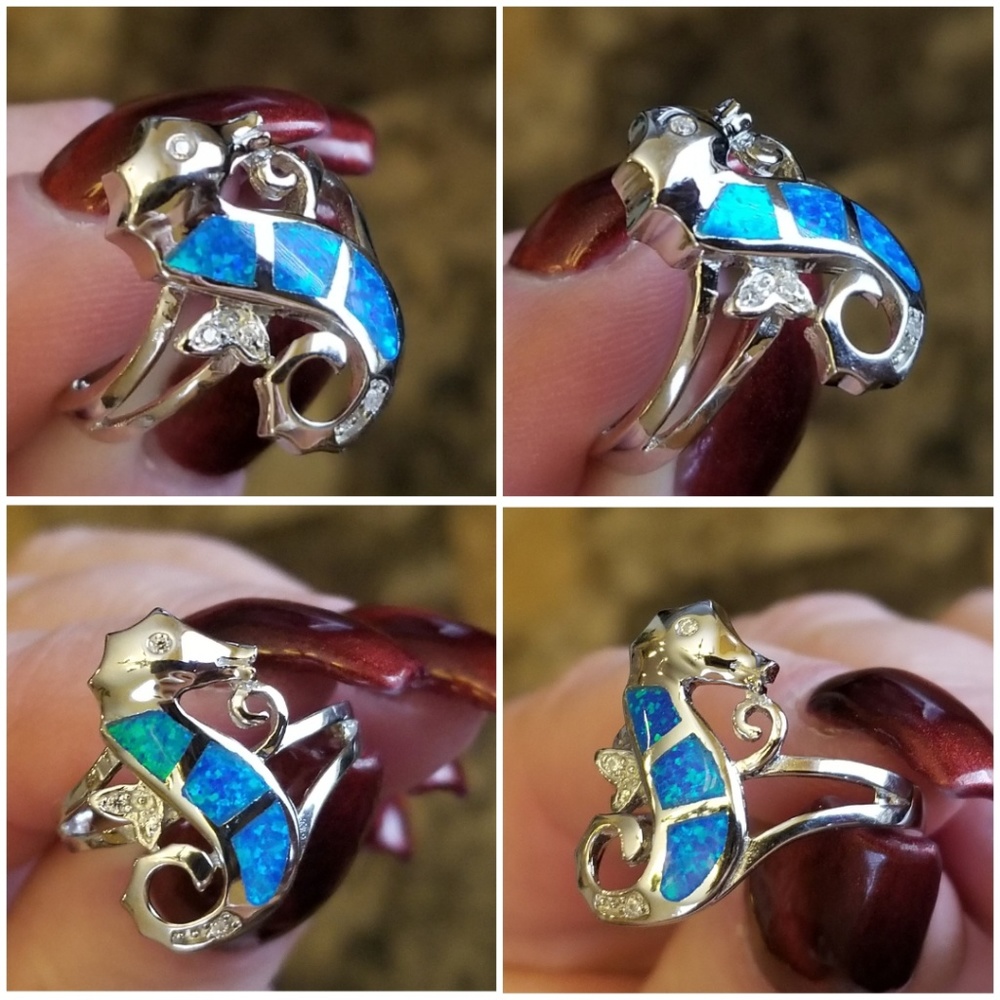 Genuine White Sapphire/Australian Opal Inlay Ring - Picture 4 of 5